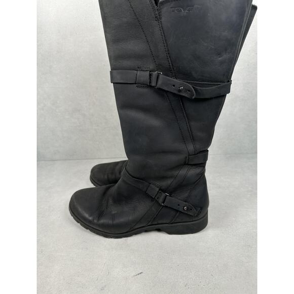 Teva Boots Womens 8 Black Waterproof Leather Tall Side Zip Buckle De La Vina - Picture 3 of 12